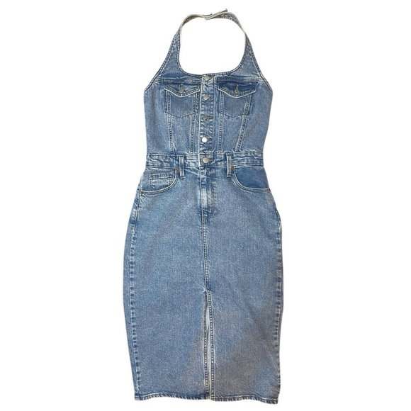Women's Halter Denim Midi Dress Universal Thread Medium Wash Size 0 Open Back - Picture 2 of 7